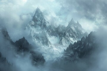 A misty mountain range shrouded in a veil of clouds, creating an air of mystery and tranquility