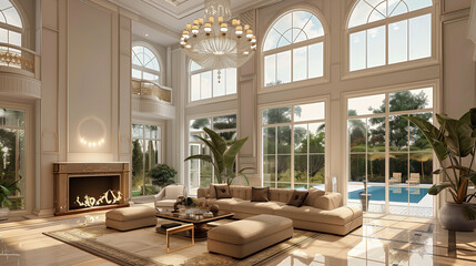 Fototapeta premium Luxury hotel living room with elegant furniture and a stunning view, featuring classic design elements like wooden floors, soft lighting, and a cozy, stylish ambiance