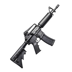 Military-style rifle displayed on a transparent background emphasizing its design features and functionality in firearms