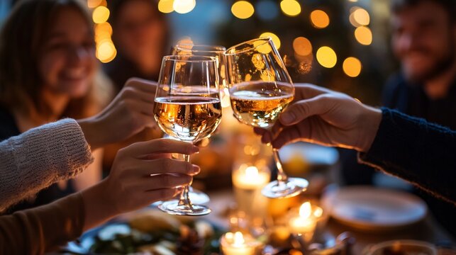 Friendsgiving Feast: Group of Friends Toasting Drinks and Enjoying Festive Meal Together