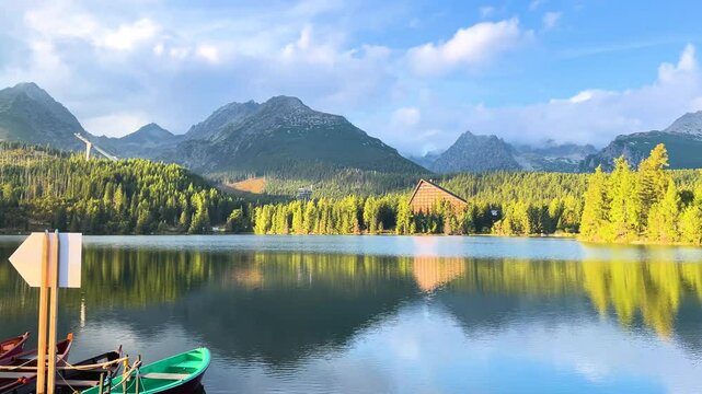 Breathtaking 4K drone footage of &Scaron;trbsk&eacute; Pleso (lake) in Slovakia. Experience stunning aerial views of this beautiful mountain lake surrounded by the majestic High Tatras