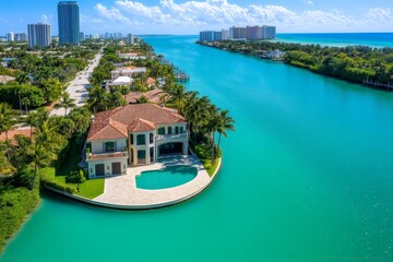 Miami Beachfront Homes visualized in a real estate-themed infographic, focusing on luxurious waterfront properties along Miami Beach and Biscayne Bay