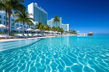 Fototapeta premium Miami Beachfront Resorts illustrated in a travel infographic, showcasing luxury resorts like Fontainebleau, The Setai, and 1 Hotel South Beach
