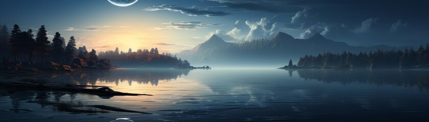 A reflective illustration of a gibbous moon over a calm ocean, its light shimmering on the water