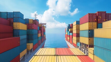 Fototapeta premium A vibrant scene of stacked shipping containers against a clear blue sky, showcasing maritime logistics and trade.