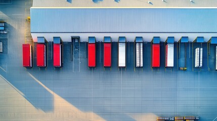 Fototapeta premium Aerial view of colorful shipping containers lined up at a warehouse, showcasing efficient logistics and transport operations.