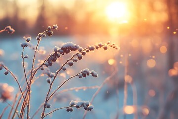 Frozen dry plants covered with snow glowing in warm sunset light