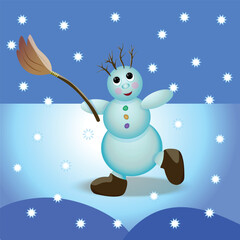 A funny cartoon character snowman dancing with a broom in the snow
