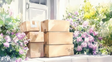 Vibrant flowers surround stacked cardboard boxes at a sunlit door, creating a cheerful and inviting atmosphere.