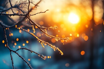 Frozen tree branches glowing during golden hour sunset