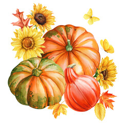Autumn harmony pumpkins, leaves, sunflower and butterfly, design decor. Thanksgiving cozy pumpkins painted watercolor 