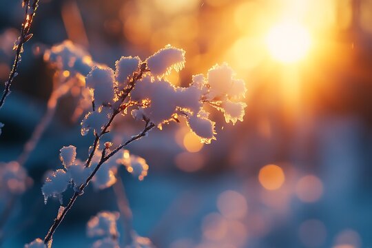 Frozen branch covered in snow with golden sunset light