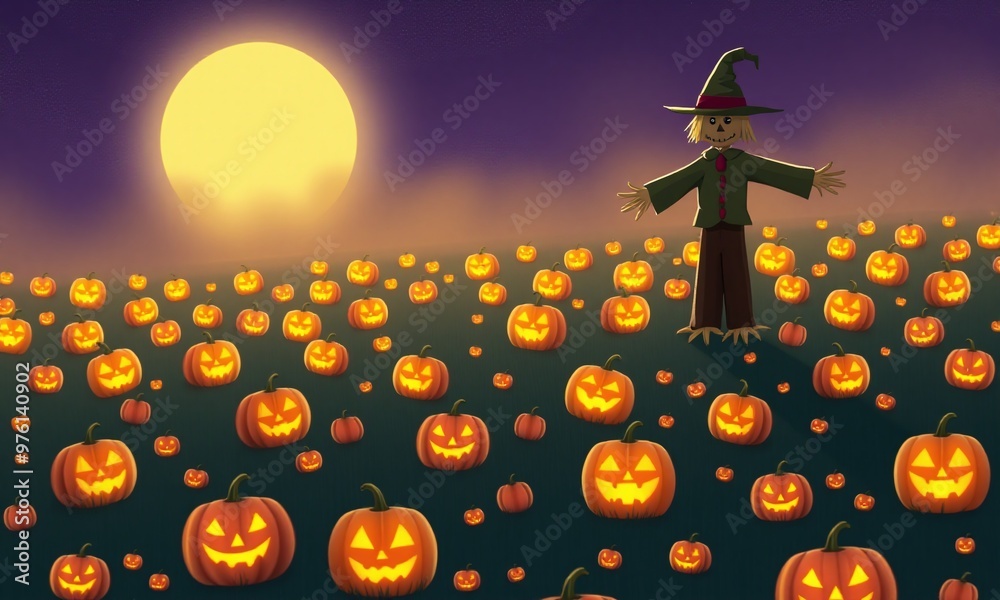 Fototapete A field filled with glowing jack-o'-lanterns of various sizes, with a misty background and a scarecrow standing guard