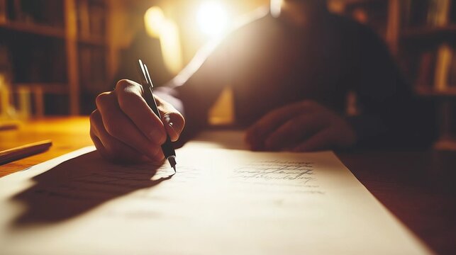 A person engaged in automatic writing at a dimly lit desk, ghostly figure observed in the background under soft lamp light