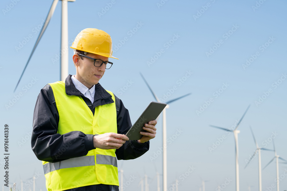 Aufkleber engineer with digital tablet controls wind turbines