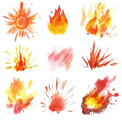 A vibrant collection of watercolor fire elements, perfect for digital design, illustration, and creative projects., isolated on a transparent background.