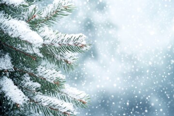 Stunning snow laden christmas tree branches with blurred snowfall and space for custom text