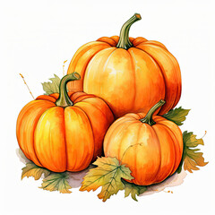 Watercolor pumpkins and autumn leaves, fall