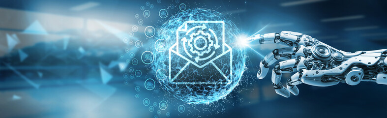 Robot hand holding global network, connecting dots of innovation, technology, and futuristic advancements, driving email marketing automation for seamless communication and outreach efficiency.