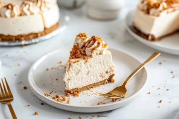 A slice of no-bake lotus biscoff cheesecake on a white plate along with fork on a white background	