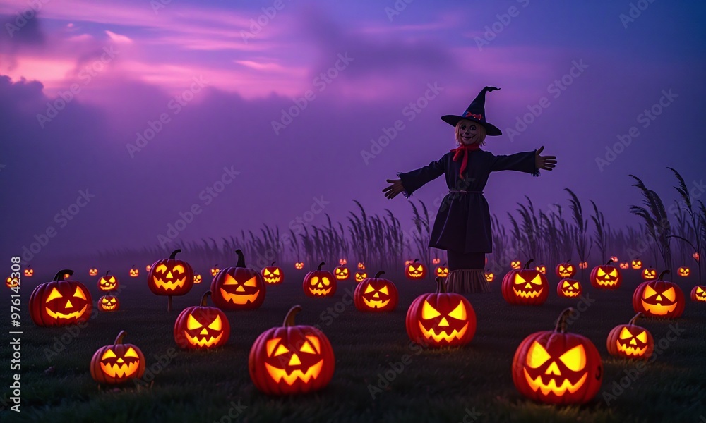 Fototapete A field filled with glowing jack-o'-lanterns of various sizes, with a misty background and a scarecrow standing guard