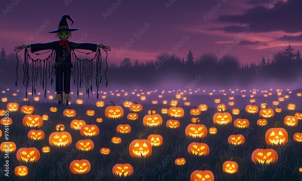 Fototapete A field filled with glowing jack-o'-lanterns of various sizes, with a misty background and a scarecrow standing guard