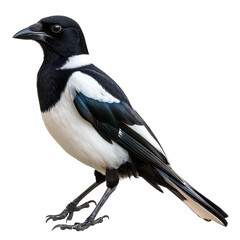 A striking black and white bird perched gracefully, showcasing its unique plumage and curious expression against a blank background