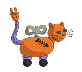 Orange robot in the shape of a cat with a winding key. Vector illustration on a white background