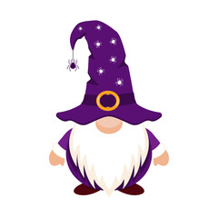 Halloween gnome with spider hat. Holiday character in purple hat covering his eyes with white beard as festive symbol of vector carnival