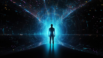 generated illustration back view of man is in a different world or dimension