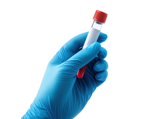Hand holding a test tube with blood sample in a laboratory setting, captured in bright lighting