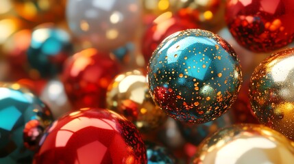 Close up of shiny Christmas ornaments in red, gold, teal, and white.