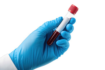 A healthcare professional holds a blood sample in a laboratory setting while wearing protective gloves during testing procedures