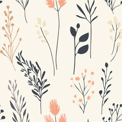 Minimalist vector seamless pattern with hand drawn botanical elements