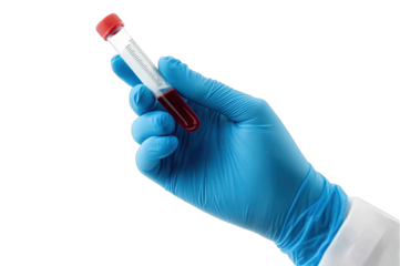 A hand in a blue glove holds a blood sample in a test tube for laboratory analysis in a clinical setting