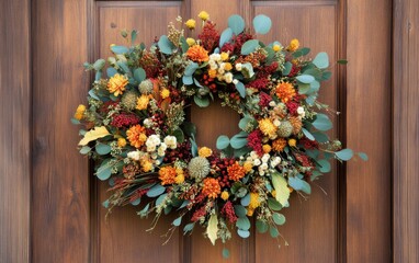 Warm harvest wreath adorned with flowers and leaves on a wooden door exuding autumn charm