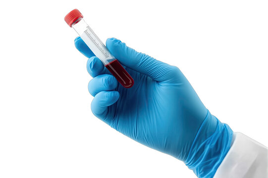 A hand in a blue glove holds a blood sample in a test tube for laboratory analysis in a clinical setting
