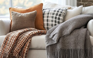 Cozy living room setup featuring warm throw blankets and decorative pillows for a snug autumn atmosphere