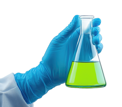 Laboratory technician holds a green liquid in a conical flask while conducting a chemical experiment in a bright lab setting