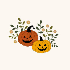 Halloween card design with decorative pumpkins and plants. Hand drawn vector autumnal illustration in flat style. Decorative festive fall background for stickers, flyer, congratulation, invitation