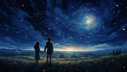 Fototapeta premium A romantic illustration of stargazers under a midnight blue sky