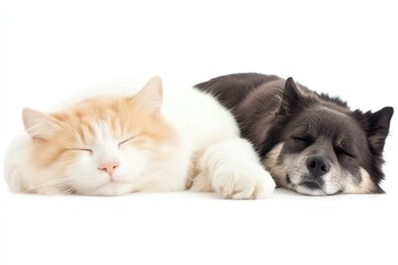 Obraz premium A fluffy cat and a cute dog peacefully sleeping side by side on a white background, showcasing harmony and friendship between pets.