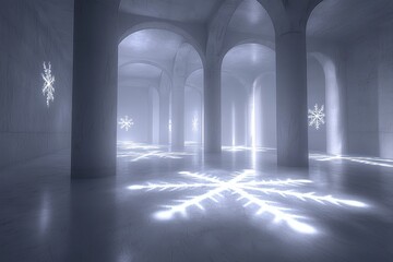 Mysterious ice palace with ethereal lighting and snowflakes in dreamlike winter landscape