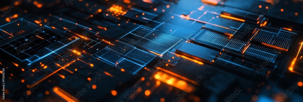 Poster explore a captivating digital background that features vibrant circuits and glowing elements, making