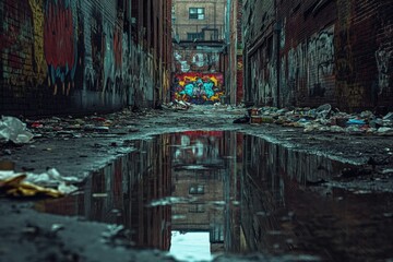 Graffiti-covered alley filled with litter and puddles