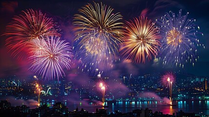Fireworks Display Over a Cityscape at Night