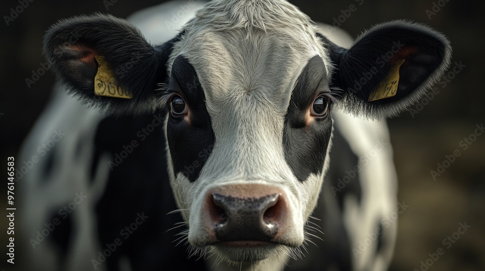 Poster a cow with a tag on its ear and a tag on its nose
