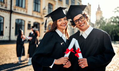  Joyful graduates celebrating outside.Two students in academic caps and gowns holding diplomas with...