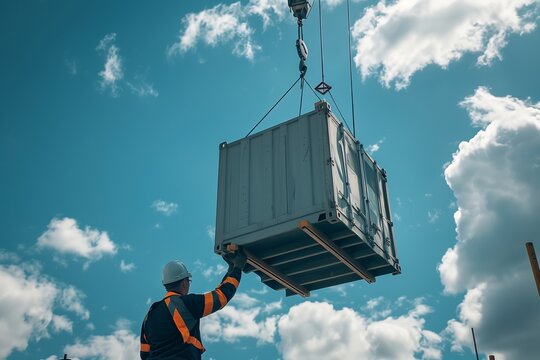 Worker directing loading of container or construction materials with crane, worker in hard hat below, concept of construction, transportation cargo and heavy lifting.