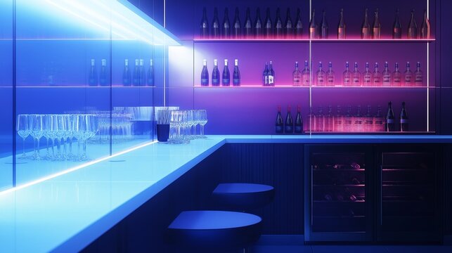 A sleek futuristic bar showcasing digital wine lists and touchpad dispensers in a vibrant LED-lit atmosphere